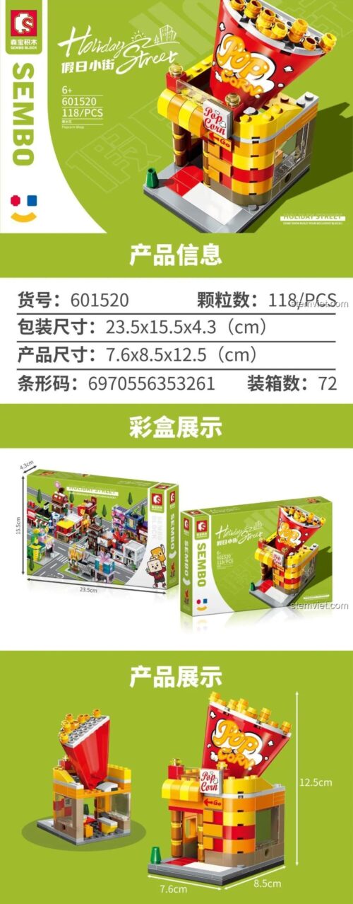Thông số kỹ thuật đồ chơi mô hình Tiệm Popcorn mini Sembo 1520, 118 chi tiết.