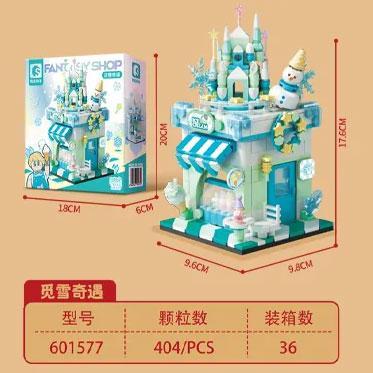 Bộ lắp ghép Sembo 601577 Cửa Hàng Sắc Màu Góc Phố: Mạo Hiểm Cùng Tuyết với 404 mảnh ghép, thể hiện kích thước hộp và mô hình, phù hợp cho bé gái 6 tuổi, giá tốt.