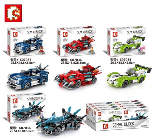 Toàn bộ bộ sưu tập đồ chơi mô hình xe đua Famous Car SEMBO 607036, gồm 4 mẫu xe đua viễn tưởng cho bé trai 6 tuổi.