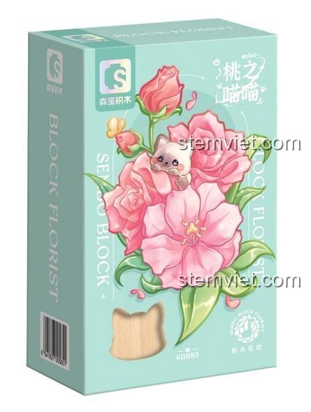 Mô hình bộ lắp ghép SEMBO 611083 Hoa Mèo Đào với đế gỗ, đồ chơi trang trí cho bé gái 10 tuổi.