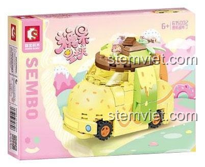 Hộp sản phẩm bộ lắp ghép SEMBO 615002 Bánh Mousse Ngọt Ngào, màu hồng pastel, hình xe bánh mousse, đồ chơi lắp ghép cho bé gái 6 tuổi.