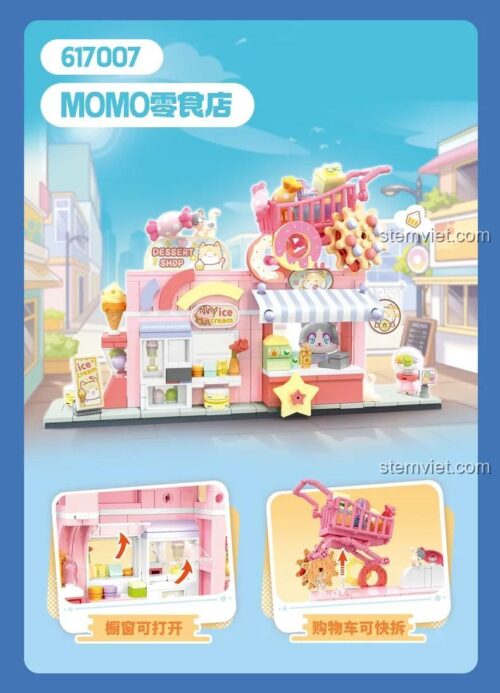 Bộ lắp ghép Tiệm bánh kẹo MOMO SEMBO 617007 với các tính năng cửa sổ mở, xe đẩy tháo rời, dành cho bé gái 6 tuổi, giá tiết kiệm.