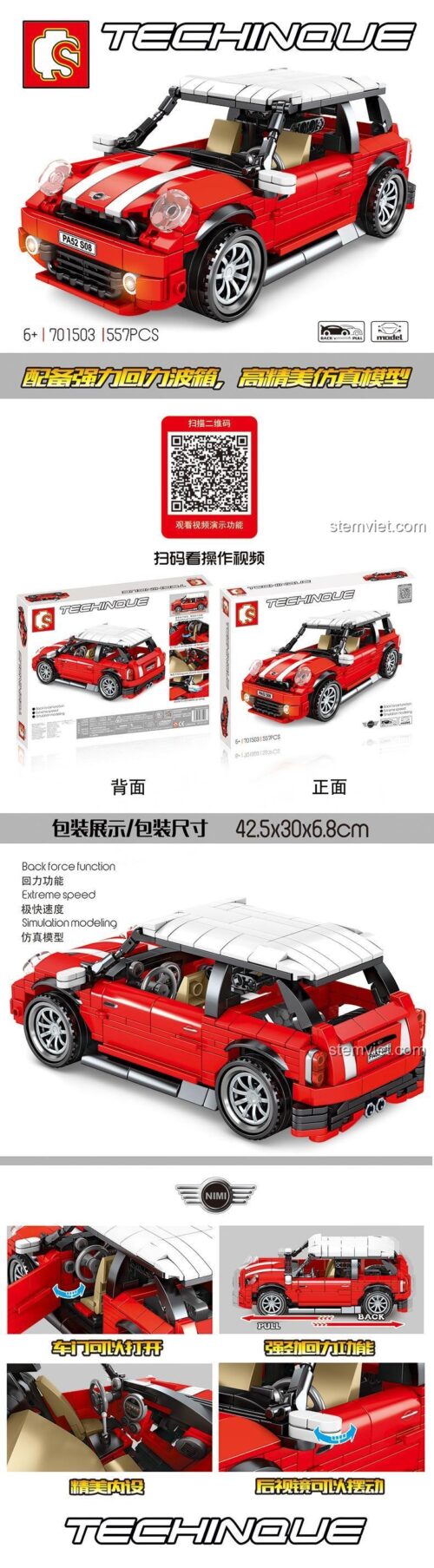 Hộp đồ chơi lắp ráp Xe Mini Cooper SEMBO 701503 với kích thước 42.5x30x6.8cm, thể hiện tính năng kéo lùi và chi tiết 557 mảnh ghép, phù hợp bé trai 6 tuổi.
