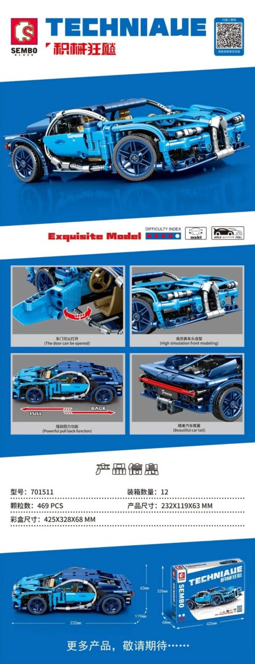 Bộ lắp ráp siêu xe Bugatti Chiron SEMBO 701511 màu xanh dương, đồ chơi mô hình cho bé trai 6 tuổi giá rẻ.