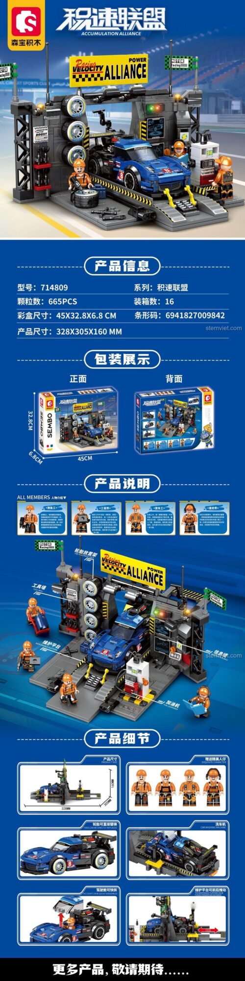 Đồ chơi mô hình SEMBO 714809 Điểm tiếp tế đường đua với 3 minifigures và xe đua, thể hiện chi tiết các tính năng nâng hạ xe và phụ kiện sửa chữa, phù hợp cho bé trai yêu tốc độ.