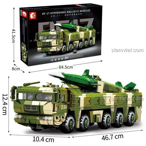 Kích thước hộp và mô hình đồ chơi lắp ráp Sembo Block 105801 Xe Tải Chở Tên Lửa DF-17, phù hợp bé trai 6 tuổi, đáng tiền.