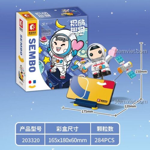 bộ xếp hình Sembo Block 203320, hộp sản phẩm giá đỡ điện thoại phi hành gia, kích thước hộp 16.5x18x6 cm, đồ chơi cho bé gái 6 tuổi