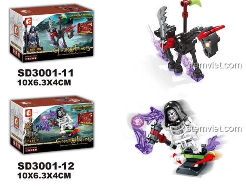 Toàn bộ sưu tập 12 bộ lắp ráp Sembo SD3001 Ghost Tribes, bao gồm cả mô hình Ngựa Xương Ma Quái SD3001-11 cho bé trai 6 tuổi.