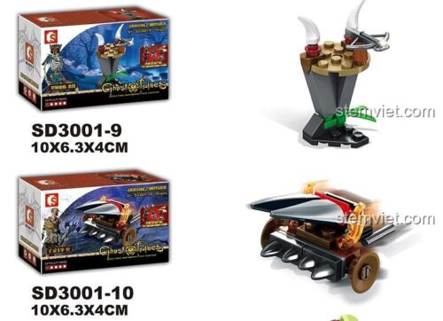 Toàn bộ sưu tập đồ chơi xếp hình Sembo SD3001 Ghost Tribes, bao gồm cỗ máy bắn nỏ SD3001-9 cho bé trai 6 tuổi.