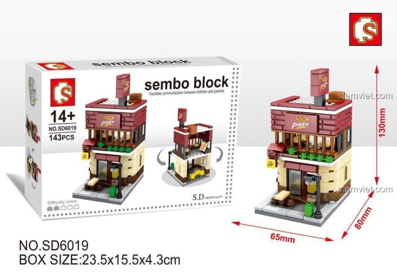 Thông tin sản phẩm đồ chơi mô hình Tiệm Pizza SEMBO 601512 với 140 mảnh ghép.