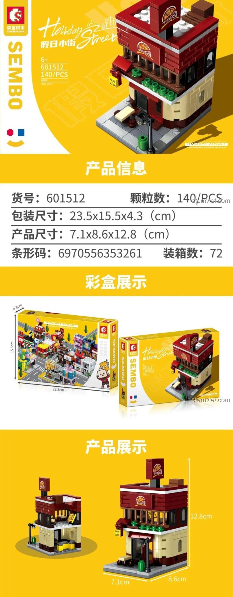 Kích thước chi tiết của đồ chơi xếp hình SEMBO Tiệm Pizza mini 601512, món quà giá rẻ cho bé.