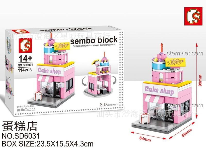 Kích thước chi tiết của đồ chơi xếp hình Tiệm Bánh Kem SEMBO, cao 9.9cm.