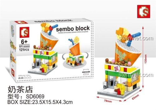 Hộp và kích thước đồ chơi xếp hình Sembo 6069 Tiệm trà sữa mini, chất lượng cao