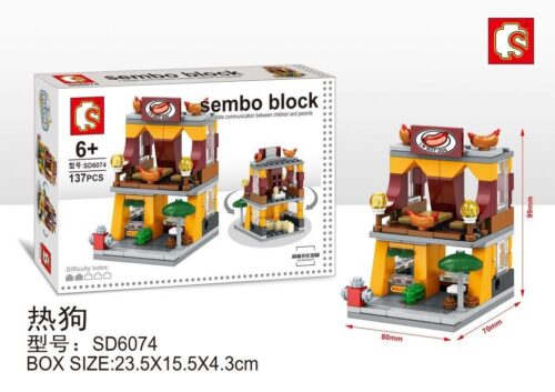 bộ lắp ráp Cửa hàng xúc xích Sembo SD6074 cho bé 6 tuổi, giá rẻ. Mô hình tiệm hot dog mini với thiết kế xoay mở độc đáo.
