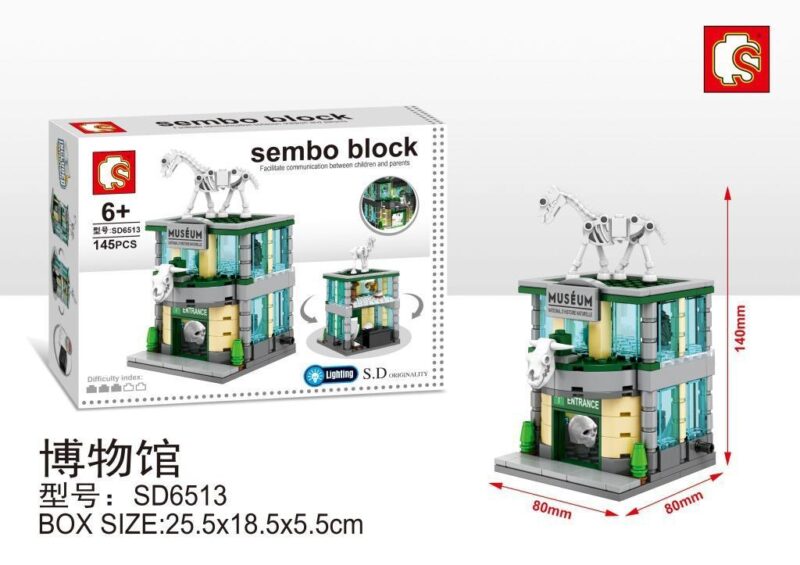 bộ lắp ráp Bảo tàng Lịch sử Tự nhiên Sembo SD6513 cho bé 6 tuổi, giá rẻ. Mô hình có bộ xương khủng long và đèn LED.