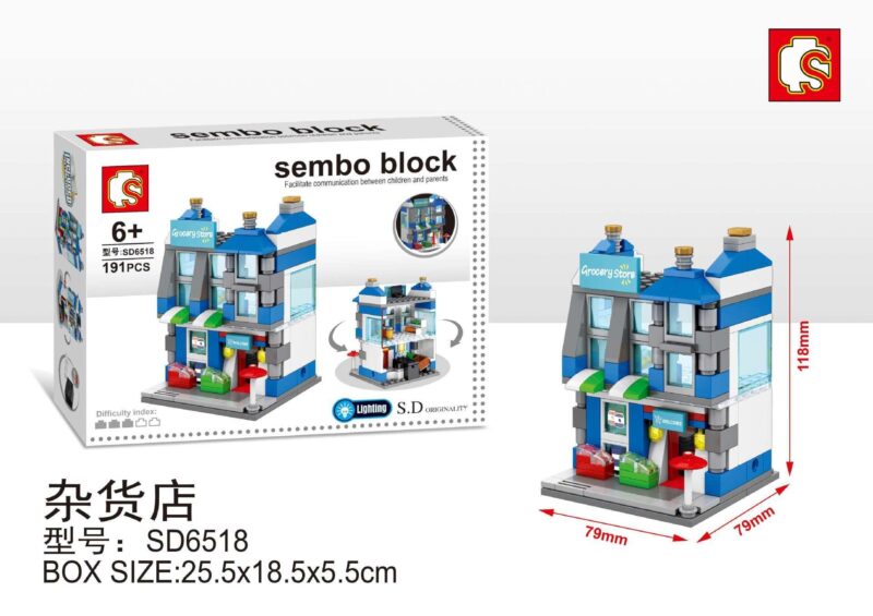 Bộ lắp ghép Cửa hàng tạp hóa mini Sembo SD6518 cho bé gái 6 tuổi, giá rẻ. Mô hình có đèn LED, 191 mảnh ghép.