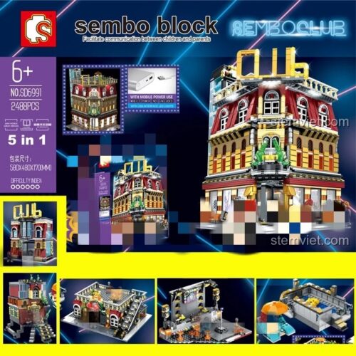 Ảnh hộp sản phẩm bộ lắp ráp Tòa nhà Club 5 trong 1 Sembo SD6991, một món đồ chơi xây dựng Tòa nhà góc phố cực lớn dành cho thanh niên 16 tuổi.
