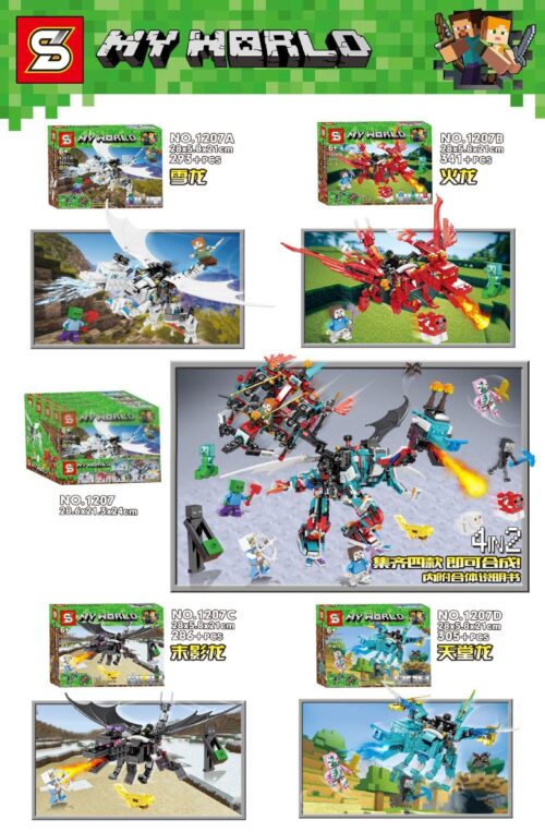 Toàn cảnh bộ lắp ráp rồng Minecraft 4 trong 1 Sheng Yuan 1207, gồm 4 mẫu rồng và mô hình hợp thể, đồ chơi cho bé trai 6 tuổi.