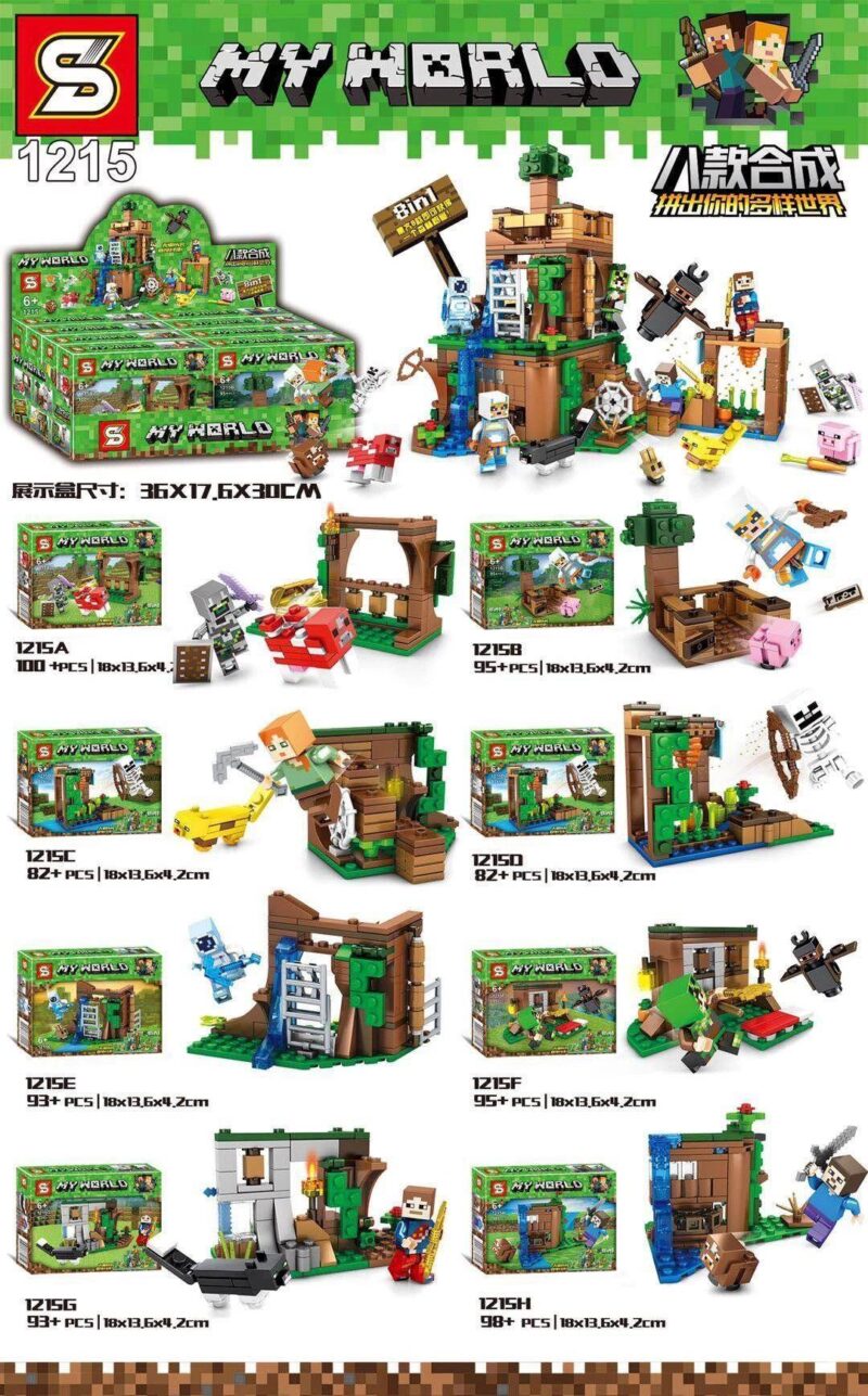 Tổng quan bộ lắp ráp Sheng Yuan 1215 chủ đề Thế giới Minecraft 8 trong 1 với 738 mảnh ghép, đồ chơi sáng tạo cho con trai 6 tuổi.