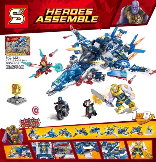Hộp sản phẩm bộ lắp ráp Máy bay Quinjet của Biệt Đội Siêu Anh Hùng Sheng Yuan 1221, đồ chơi cho bé trai 6 tuổi giá rẻ.