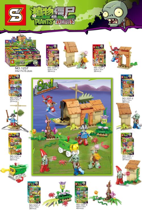 Bộ lắp ráp Sheng Yuan 1237 Plants vs. Zombies giá rẻ, gồm 8 hộp nhỏ và 7 minifigures zombie cho bé trai 6 tuổi.