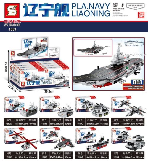 Chi tiết các hộp nhỏ và kích thước của đồ chơi xây dựng 1559 Tàu sân bay Liêu Ninh. Tổng cộng 748 mảnh ghép.