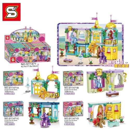 Tổng quan bộ lắp ghép Lâu Đài Phép Thuật My Little Pony Sheng Yuan SY1471, gồm 4 hộp nhỏ và mô hình lâu đài lớn, quà tặng cho bé gái 6 tuổi.