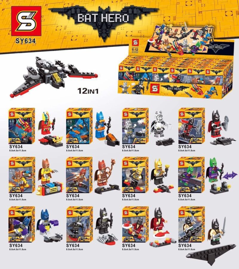 bộ lắp ráp Minifigure Người Dơi Sheng Yuan SY634 cho bé trai 6 tuổi. Bộ sưu tập 12 nhân vật Batman với các trang phục độc đáo, có thể ghép thành máy bay Batwing lớn.