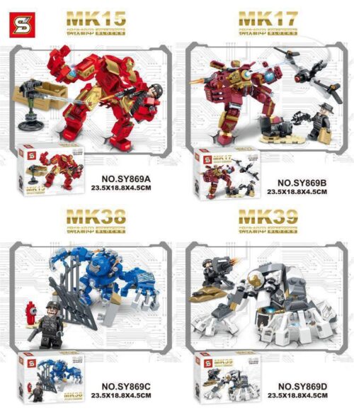 Tổng hợp các mẫu đồ chơi lắp ghép Hulkbuster Sheng Yuan SY869, bao gồm mẫu SY869A Hulkbuster MK15 màu đỏ vàng. Món đồ chơi cho bé trai 6 tuổi giá rẻ.