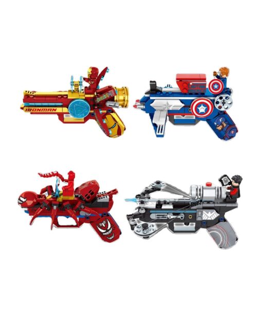Bộ lắp ghép súng đồ chơi Marvel Shuang Xiang 4052-2 cho bé trai 6 tuổi. Bộ sản phẩm giá rẻ gồm 4 mẫu súng bắn chun theo chủ đề Iron Man, Captain America, Spider-Man và Hawkeye.