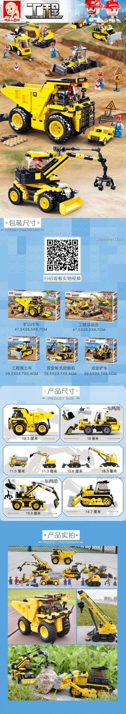 Chi tiết kích thước và các mẫu xe trong bộ đồ chơi xếp hình Sluban B0810, bao gồm xe ben công trình, xe xúc lật, xe ủi đất và cần cẩu công trường.
