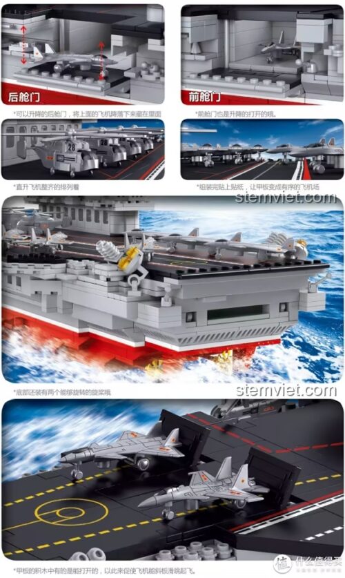Tính năng chi tiết của bộ lắp ráp Tàu Sân Bay Liêu Ninh Sluban M38-B0388, thang nâng máy bay, boong tàu, đồ chơi mô hình