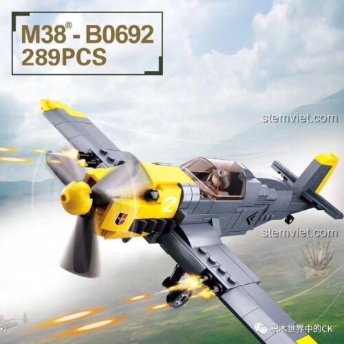 Hộp đồ chơi mô hình Máy bay quân sự BF 109, hiển thị mã số sản phẩm M38-B0692 và số chi tiết 289 mảnh, đồ chơi xếp hình quân sự cho con trai.