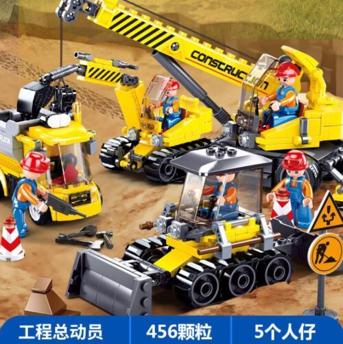 Bộ lắp ráp Đội xe công trình Sluban M38-B0810 cho bé trai 6 tuổi, gồm 465 mảnh ghép giá rẻ, lắp được xe xúc, xe ủi, xe ben và cần cẩu.