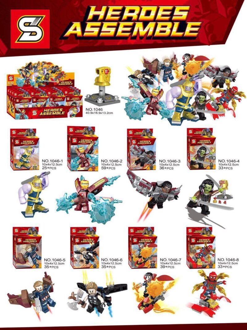 Minifigure Thanos và Iron Man từ set đồ chơi Bộ sưu tập siêu anh hùng SY 1046, phù hợp bé trai 6 tuổi.