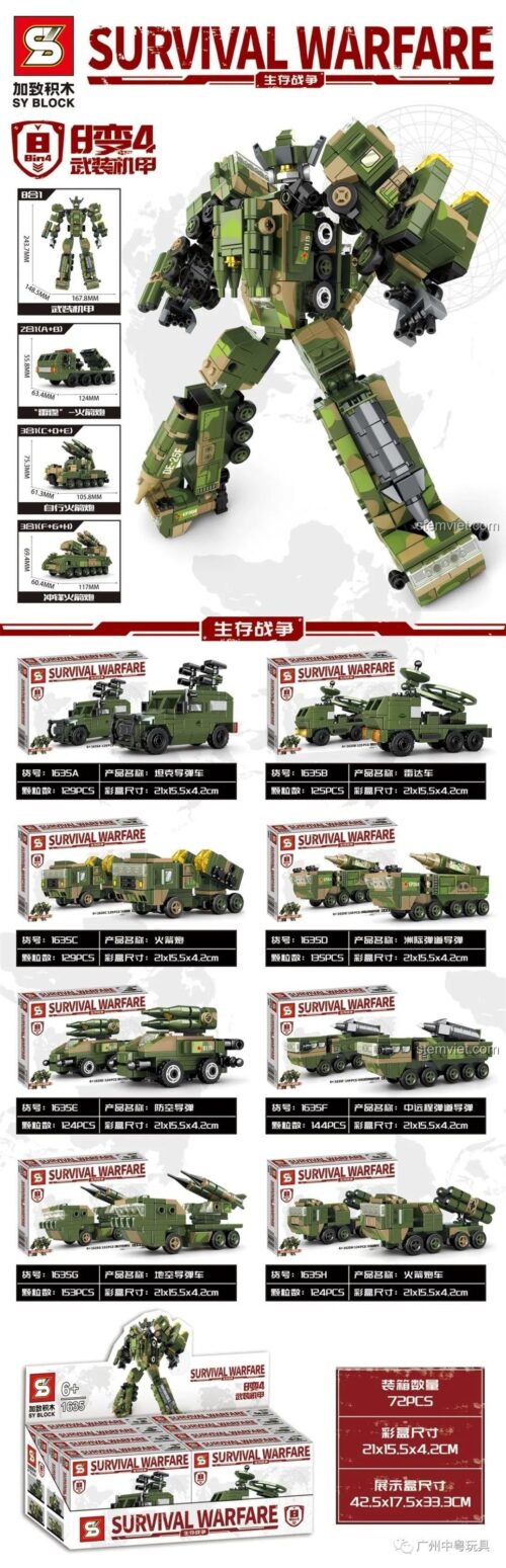 Bộ lắp ghép SY 1635 Survival Warfare 1063 mảnh, lắp ráp 8 mẫu xe quân sự biến hình robot khổng lồ, đồ chơi mô hình quân đội giá tốt cho bé trai.