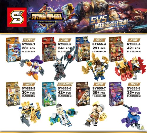 Đồ chơi mô hình Bộ sưu tập nhân vật Vương Giả Vinh Diệu, bộ xếp hình Minifigure Vương Giả Vinh Diệu, logo SY và banner game Vương Giả Vinh Diệu, cho bé trai 5-12 tuổi.