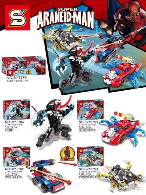Bộ lắp ráp SY SY1376 Spider-Man và Venom, đồ chơi mô hình cho bé trai 6 tuổi, giá rẻ. Bao gồm 4 mô hình: Robot Venom, Xe Nhện, Xe Tăng và Xe Tấn Công.
