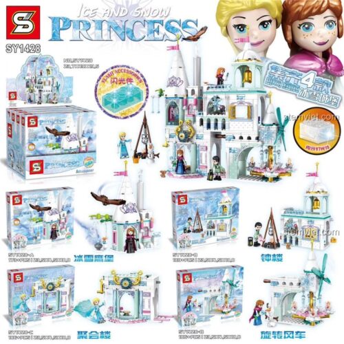Hộp sản phẩm đồ chơi xếp hình Lâu đài Công chúa Băng tuyết SY1428, hiển thị 4 kiểu lắp ghép và phụ kiện đèn LED, phù hợp bé gái 6 tuổi