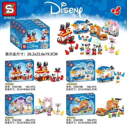 Tổng hợp bộ lắp ráp xe bán hàng rong Disney SY SY6578, bao gồm xe của Mickey, Minnie, Donald và Goofy, quà tặng cho bé gái 6 tuổi.