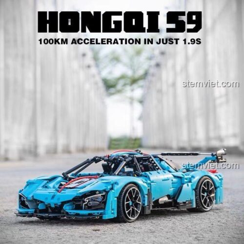 Mô hình đồ chơi lắp ghép Tegao T5011 Siêu xe Hồng Kỳ S9 sau khi hoàn thiện, với dòng chữ quảng cáo tăng tốc 100km trong 1.9 giây.
