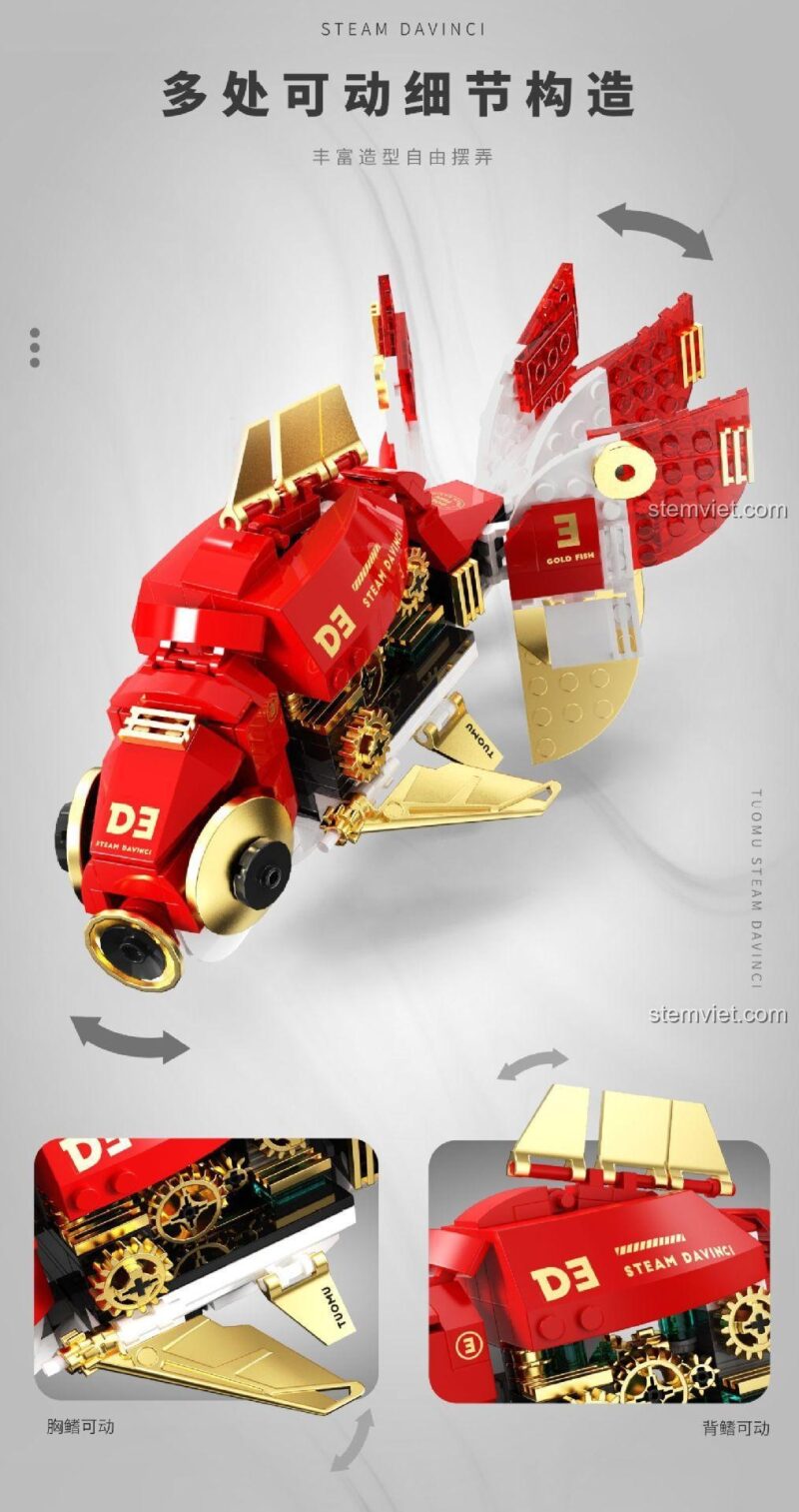 đồ chơi lắp ghép Cá Vàng Steampunk Tuomu với các vây và đuôi có thể cử động.