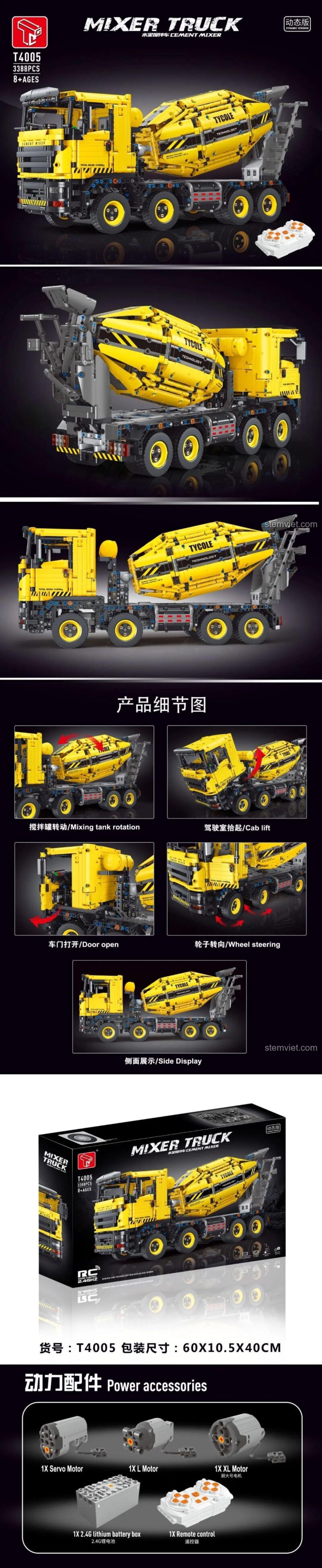 Mặt sau hộp Tycole T4005 Xe Trộn Bê Tông thể hiện các tính năng chính như bồn trộn xoay, cabin lật, cửa mở, bánh lái, đồ chơi xây dựng Tycole T4005