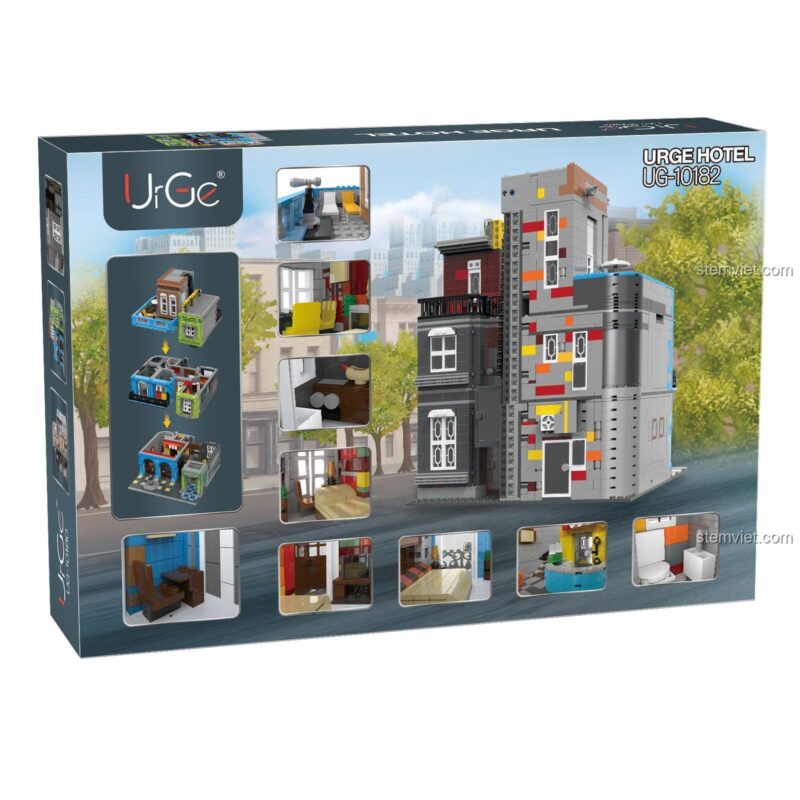 Mặt sau hộp sản phẩm UrGe UG-10182, giới thiệu các góc nhìn khác nhau và chi tiết nội thất của mô hình Kiến trúc Cuba.