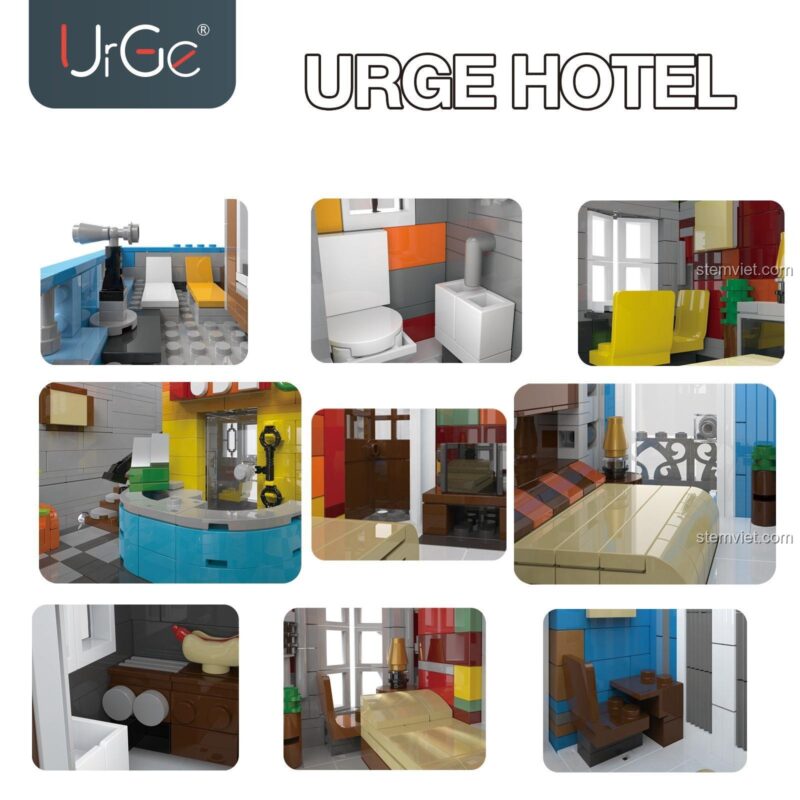 Mặt sau của bộ xếp hình Khách sạn Cuba UG-10182, thể hiện cơ cấu thang máy và thiết kế cửa sổ độc đáo. Sản phẩm chất lượng cao cho người chơi trên 16 tuổi.