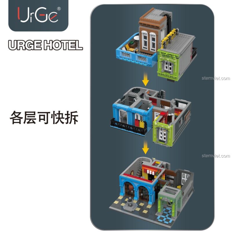Hộp sản phẩm của bộ lắp ghép Khách sạn Cuba UrGe UG-10182, hiển thị kích thước 61x43x14cm và số lượng 4143 chi tiết. Món quà tuyệt vời cho dịp sinh nhật.
