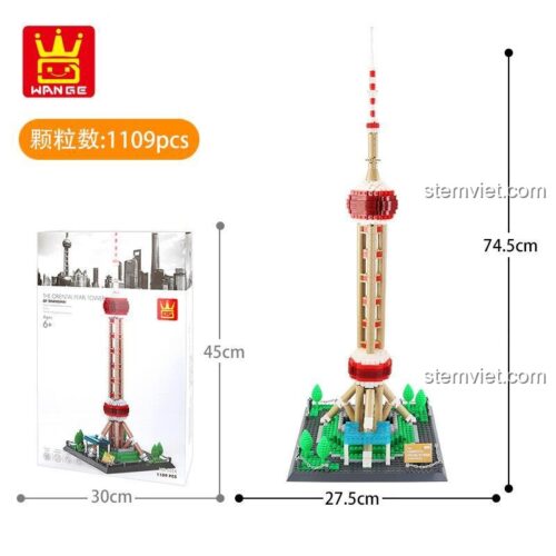 Hộp đồ chơi xây dựng Tháp Đông Phương Minh Châu WANGE 5224, 1109 chi tiết, có kích thước rõ ràng, cho bé 6 tuổi, chất lượng cao.