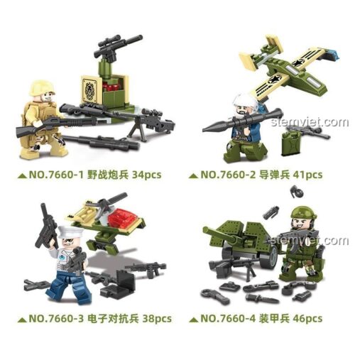4 mô hình quân sự nhỏ từ bộ xếp hình 7660: pháo dã chiến, lính tên lửa, lính tác chiến điện tử, lính thiết giáp.