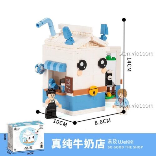 Mô hình cửa hàng mini Wekki 506033 và hộp, thể hiện kích thước chi tiết, đồ chơi lắp ghép chất lượng cao.