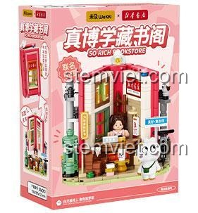 Hộp sản phẩm Wekki 506053 Bộ đồ chơi So Rich Bookstore, mô hình cửa hàng sách "Thư viện Tri Thức" cho bé gái 12 tuổi, có 1 minifigure, màu hồng, trắng, đỏ